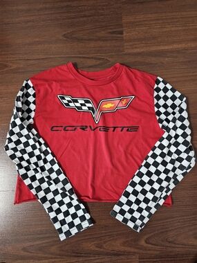 Chemistry Red Long-Sleeve Corvette Racing Tee with Checkered Sleeves